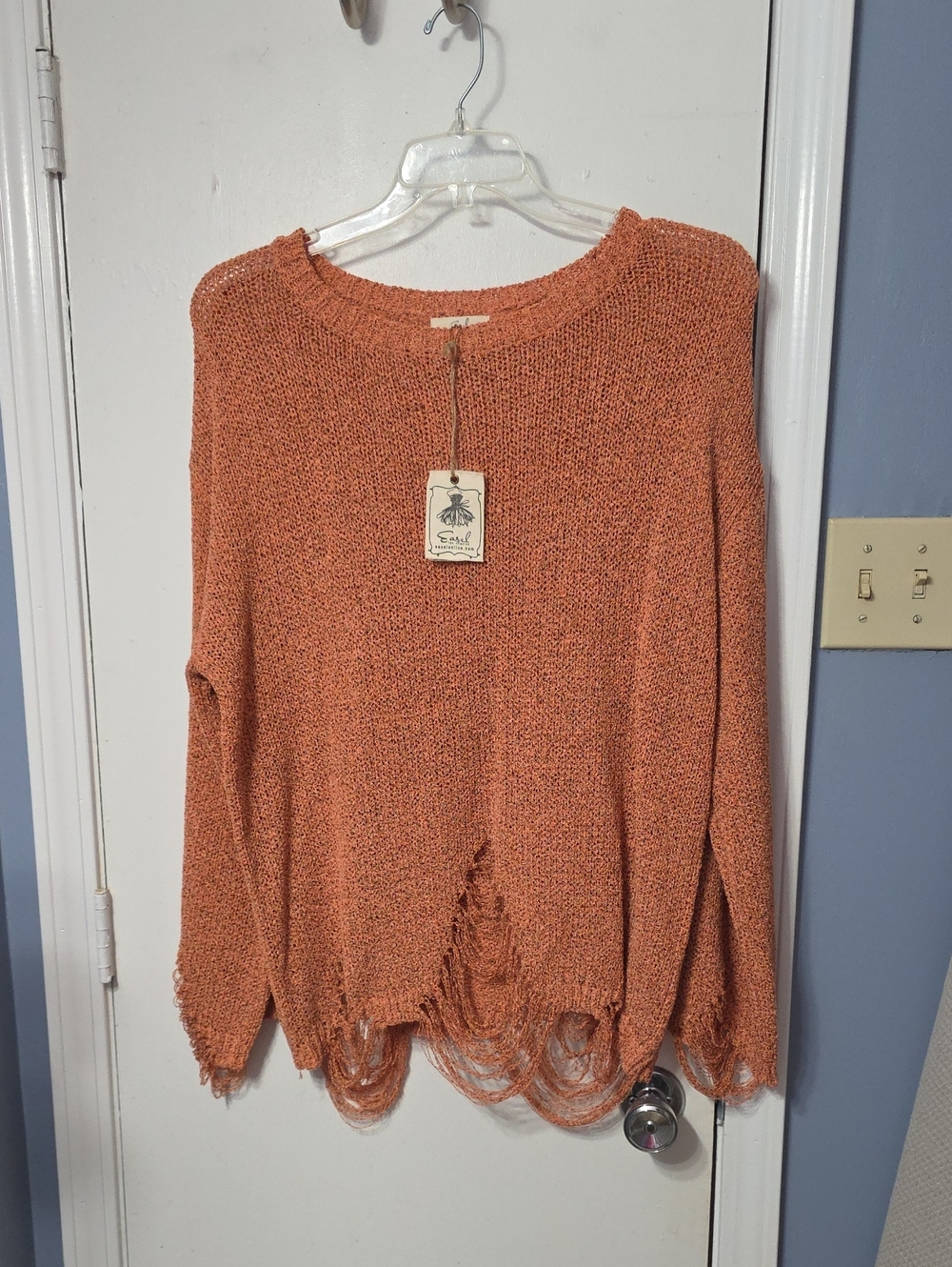 easel Distressed Open-Knit Crewneck Sweater in Burnt Orange